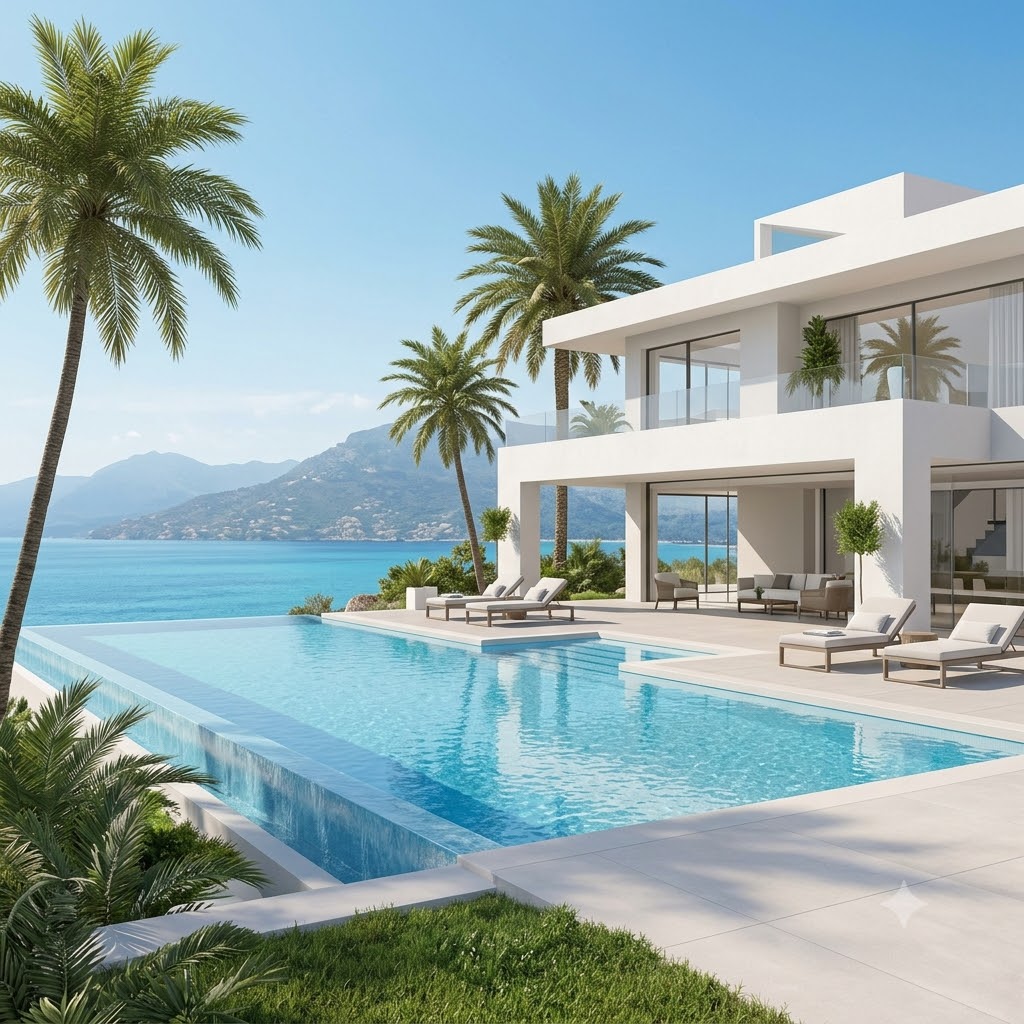 Modern white villa with infinity pool overlooking the sea and mountains
