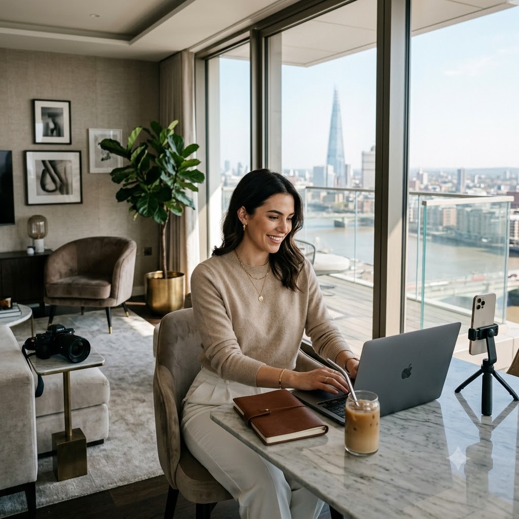 Content creator filming and blogging from a modern apartment with a city view