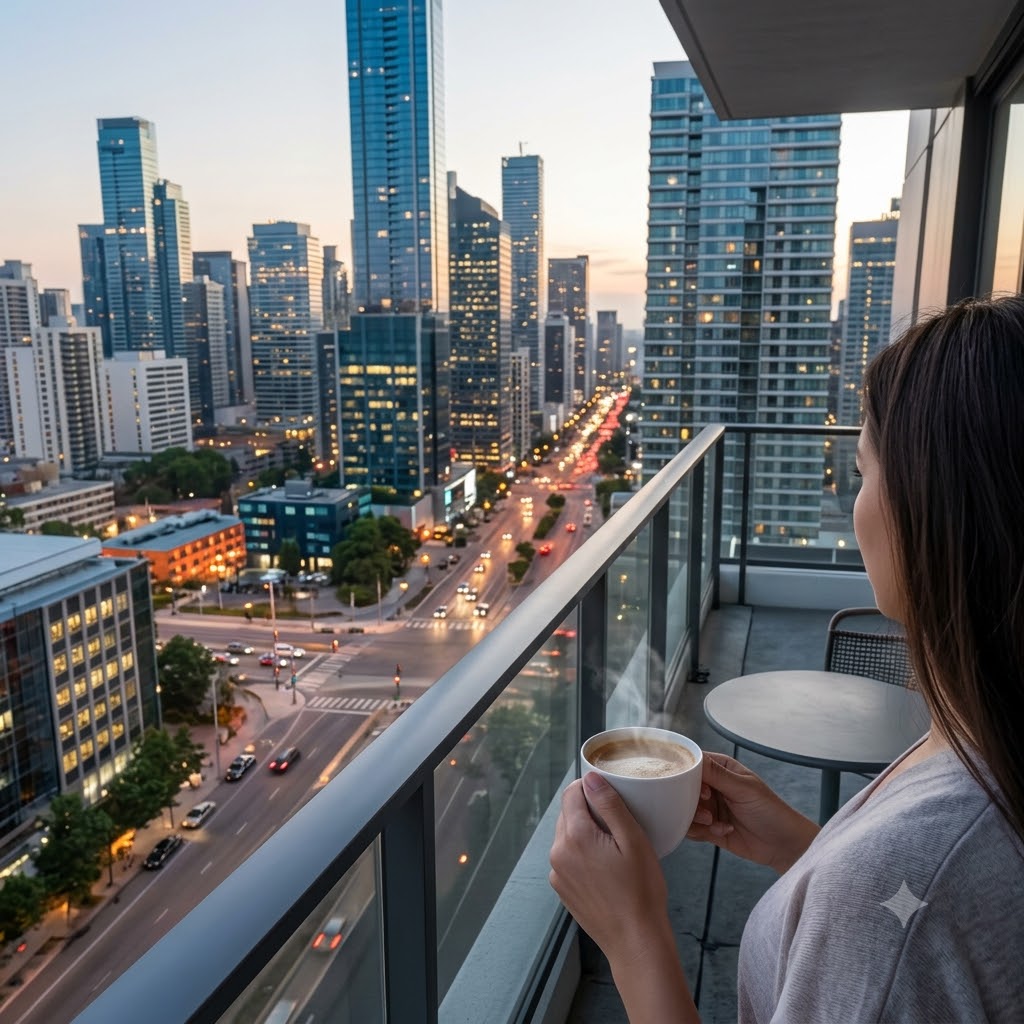 City apartment balcony overlooking an urban skyline at dusk