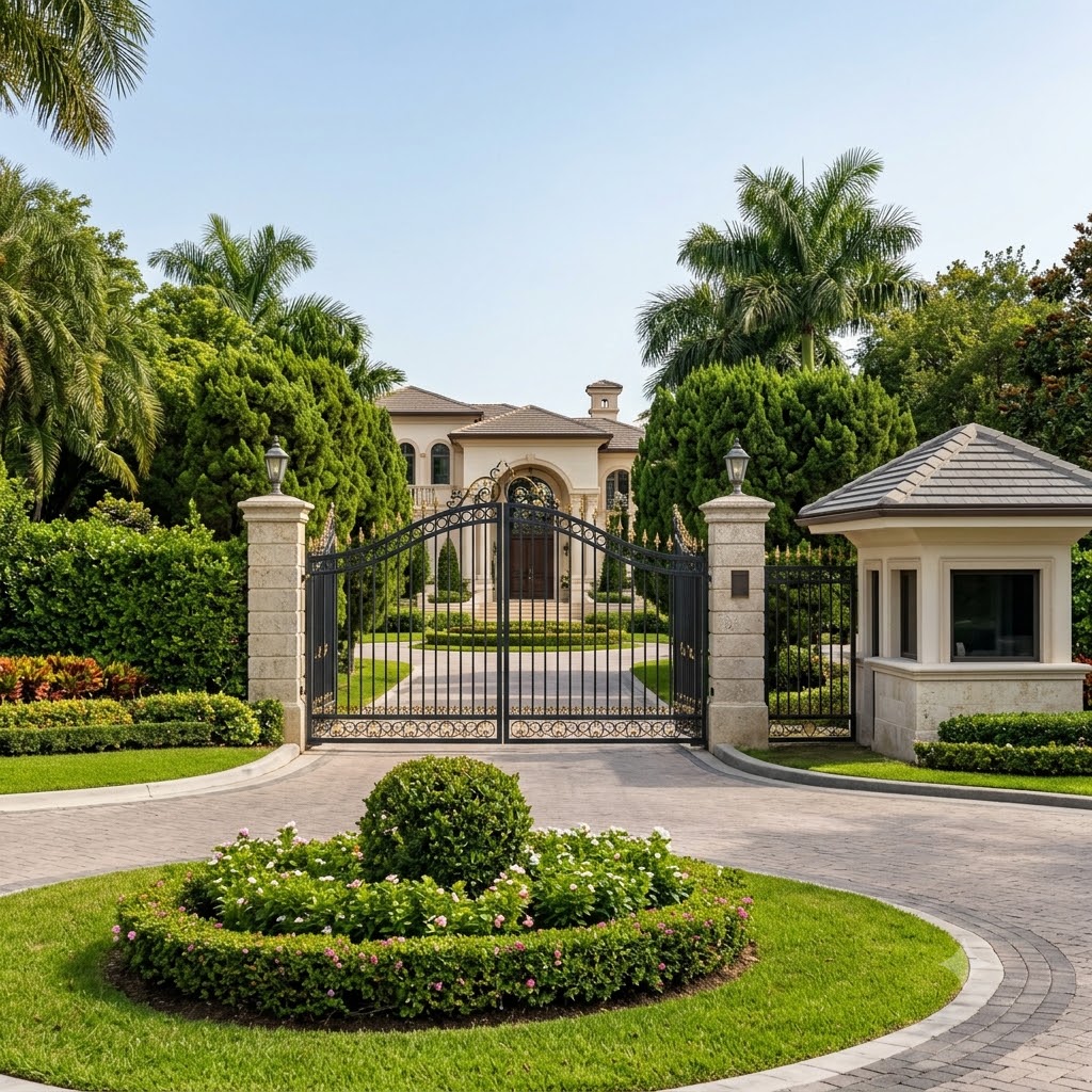 Gated luxury estate entrance with manicured landscaping