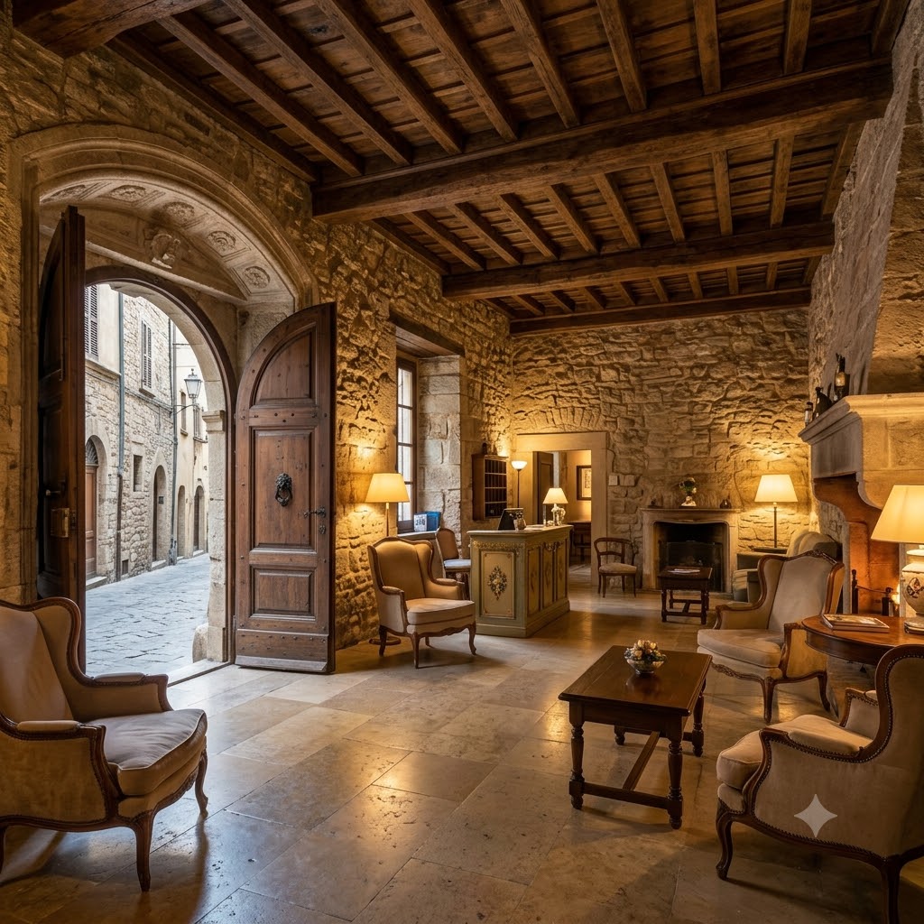 Stone-walled boutique guesthouse lobby with warm lighting