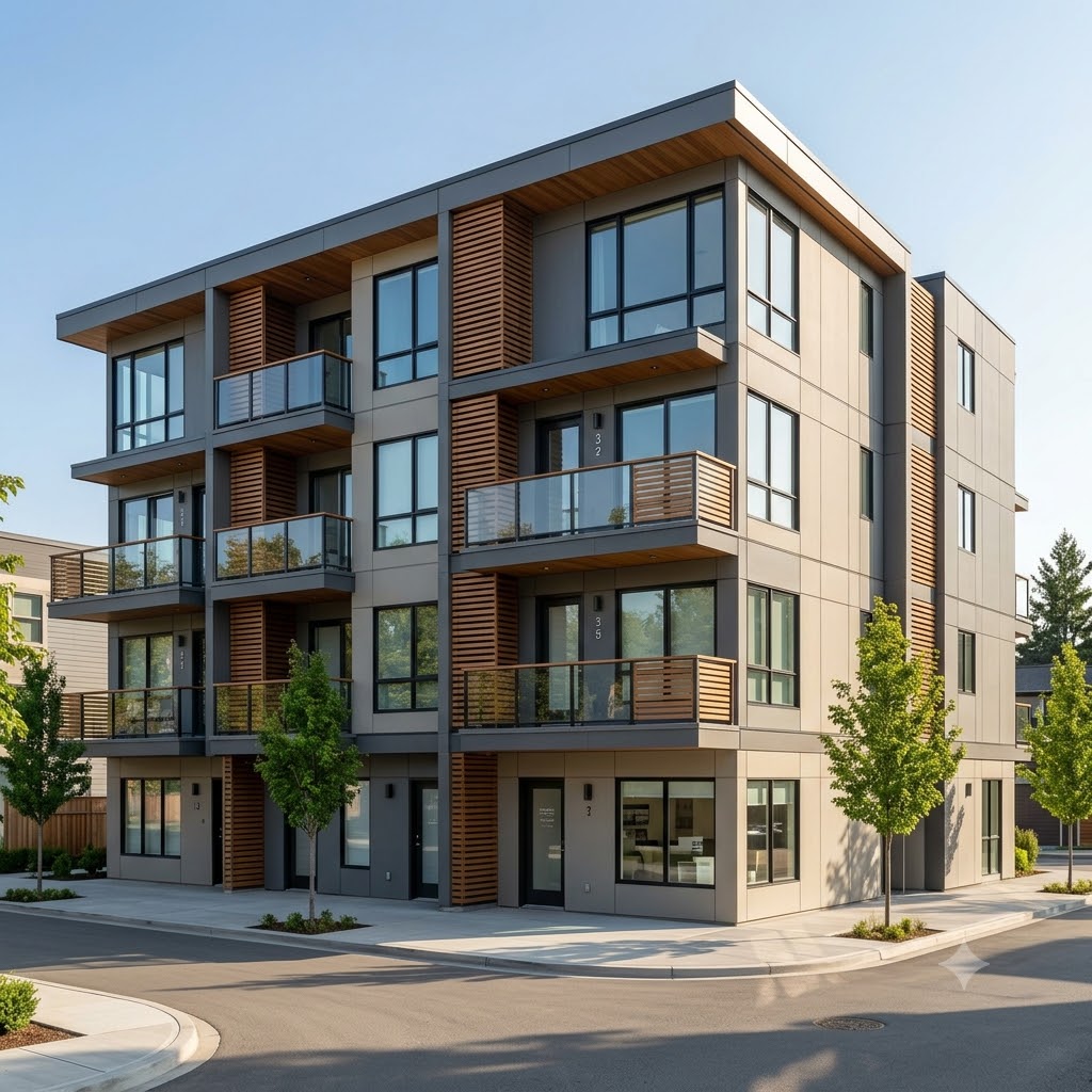 Modern low-rise residential building with rental units