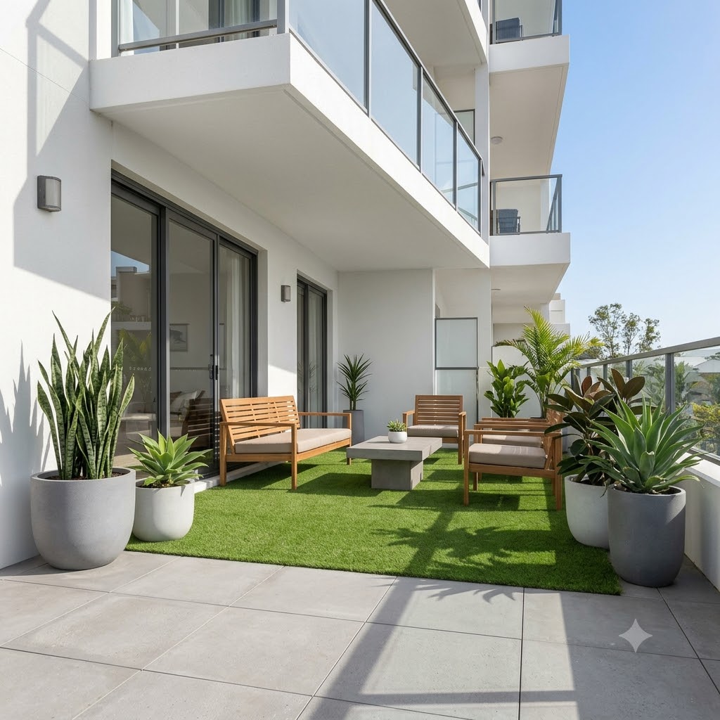 Low-maintenance balcony terrace with artificial grass and potted plants