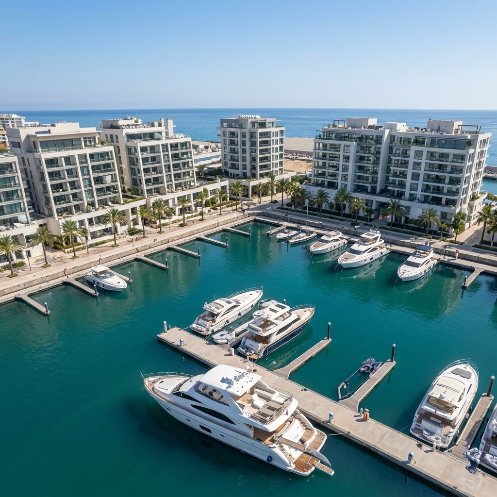 Yachts docked at a marina beside waterfront apartment buildings