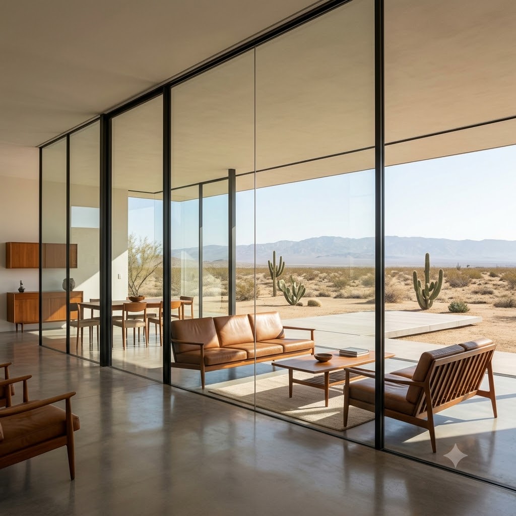 Modern glass-walled living room overlooking a desert landscape
