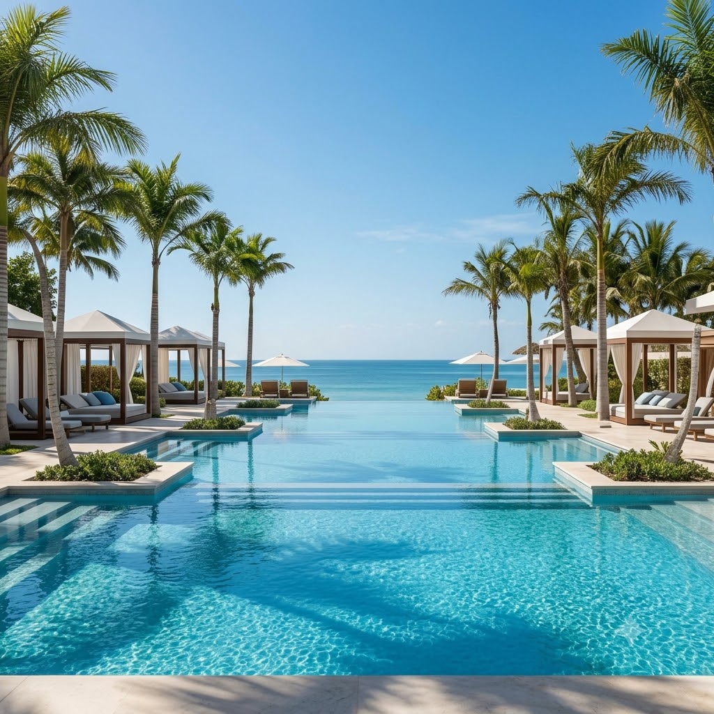 Resort infinity pool lined with palm trees overlooking the ocean