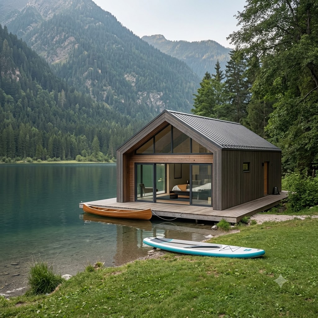 Timber lake house on the water surrounded by mountains