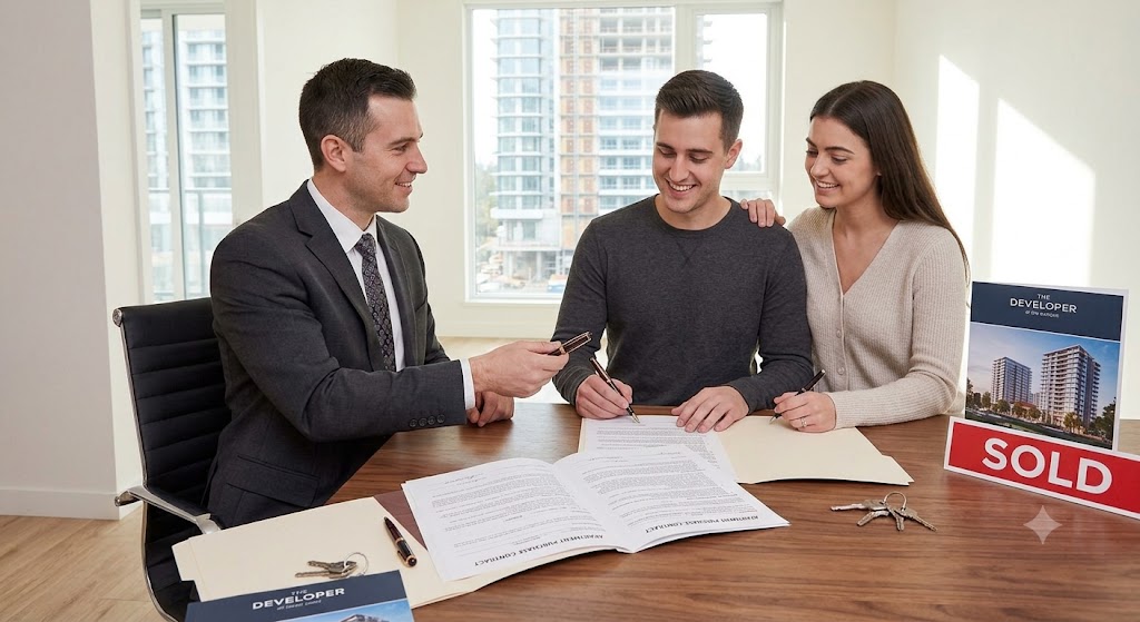 Agent reviewing a purchase contract with clients at a table